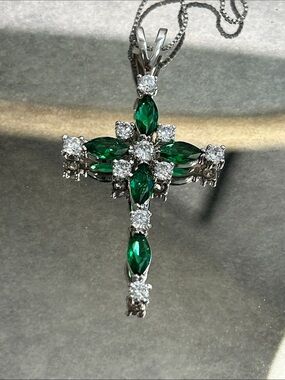 Emerald Green Crystal Cross Pendant Necklace - Silver Tone